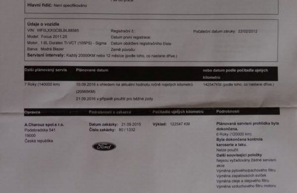 Ford Focus 1.6 Ti-VCT 1. MAJITEL, KOUPENO V ČR, nabídka A54/16
