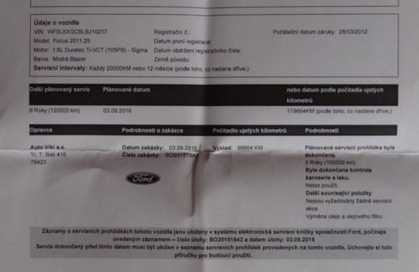 Ford Focus 1.6 Ti-VCT 1.MAJITEL, KOUPENO V ČR, nabídka A64/16